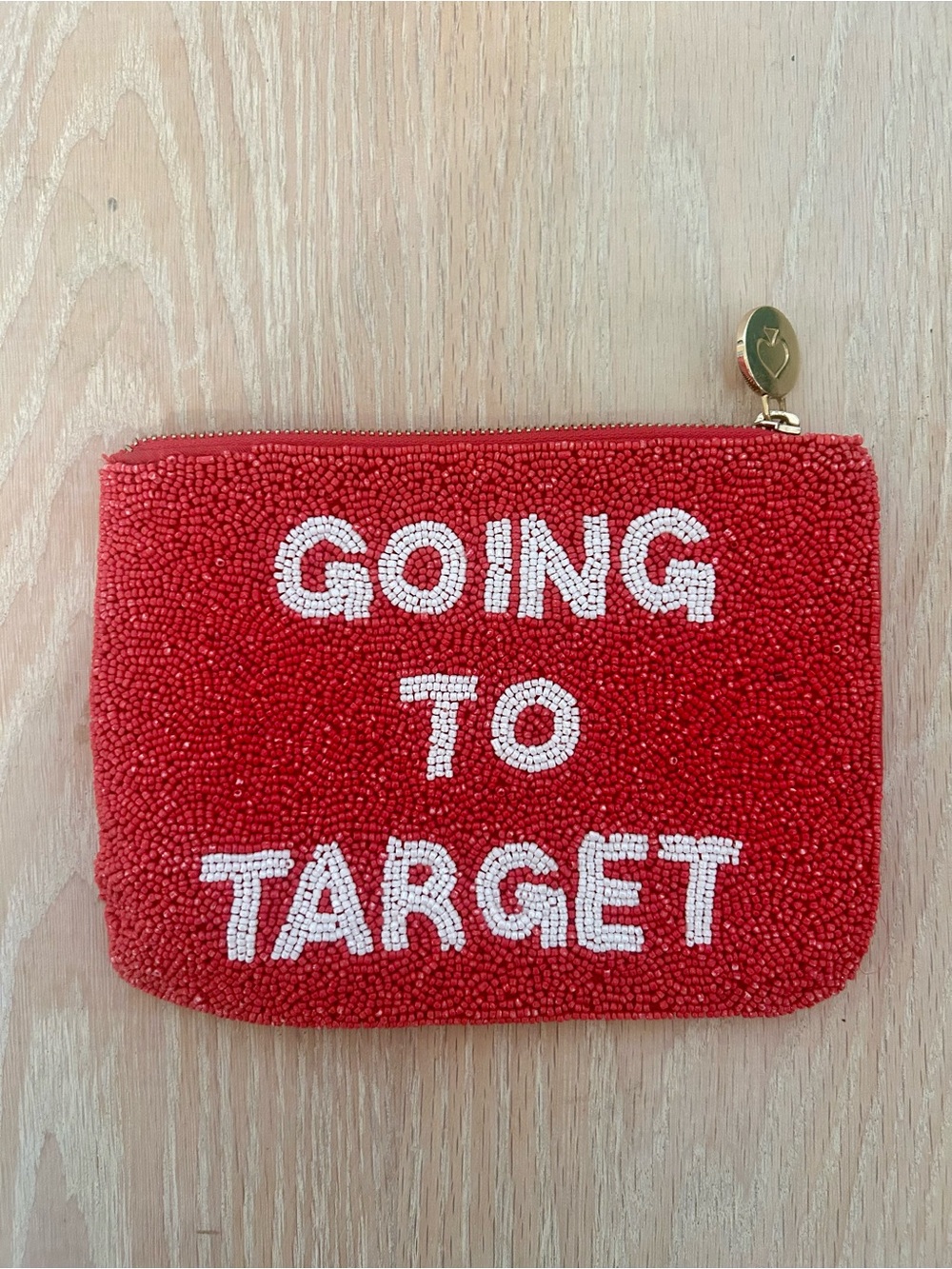 Red Beaded Zip Pouch with White Lettering